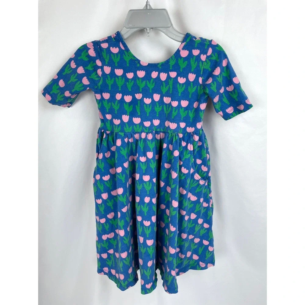 Hanna Andersson 120 us 6-7 Blue Skater Dress Pink Tulips Flowers Short Sleeves